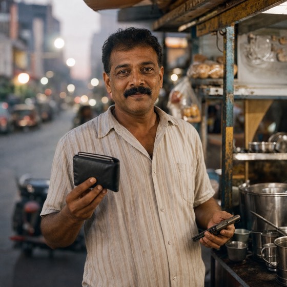 A tea stall owner holding a found wallet