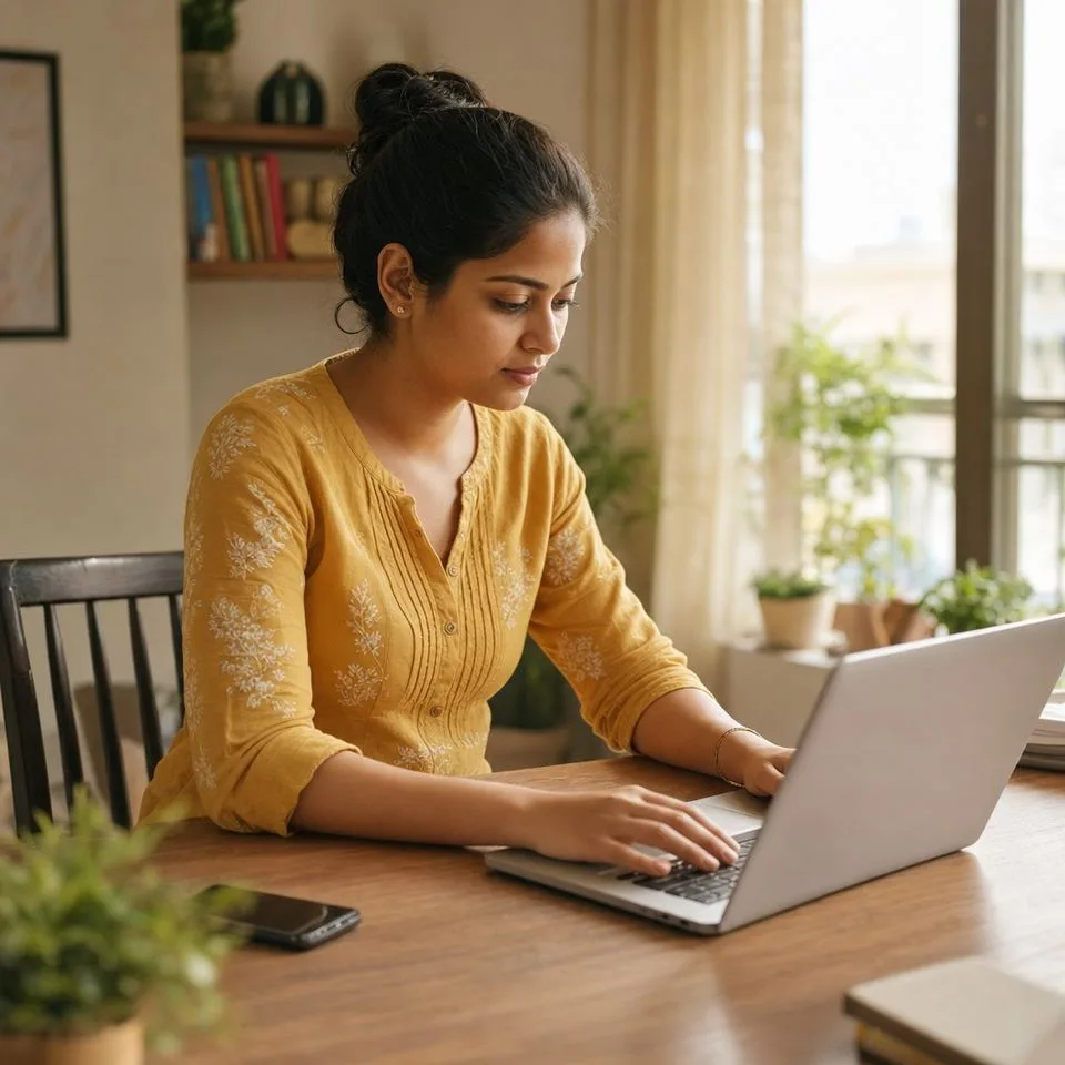 A woman working undisturbed, phone face-down beside her