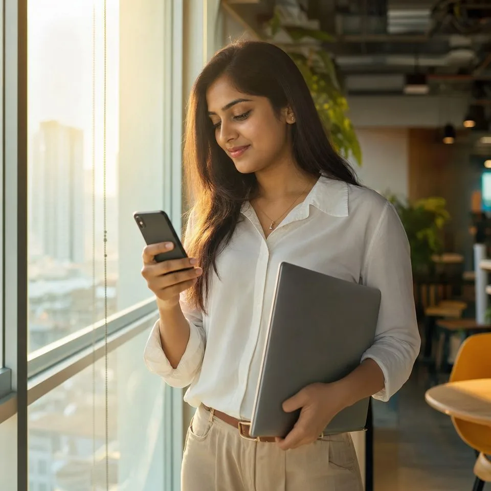 A man at a chai stall glancing at a WhatsApp summary